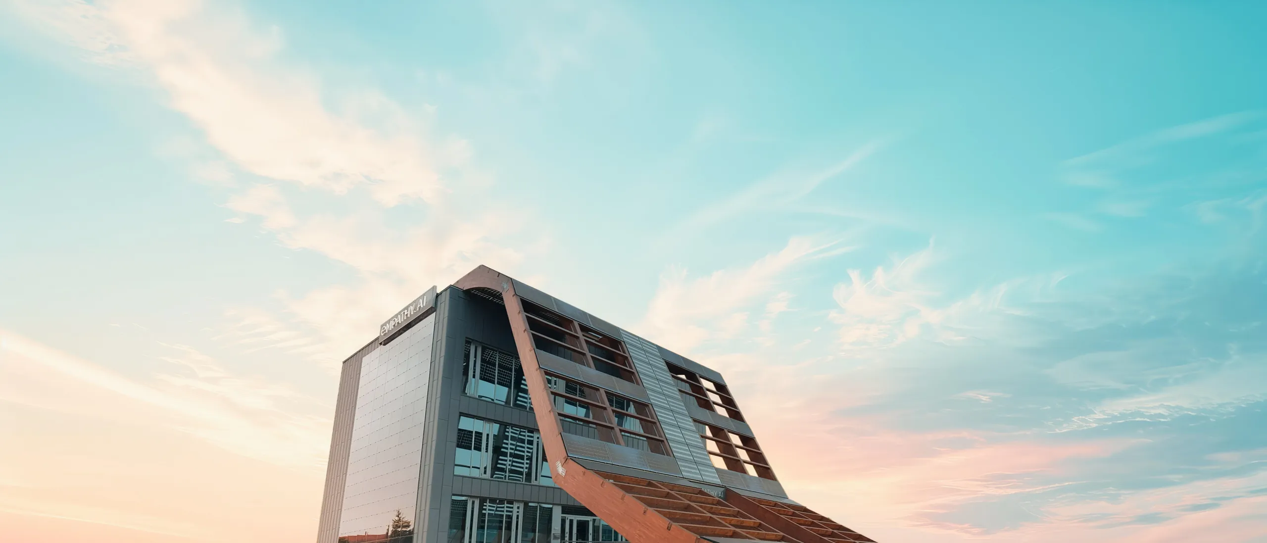 The Empathy.AI building in Asturias at sunset: a glass tower with a timber lattice of solar panels sloping from the roof to the ground.